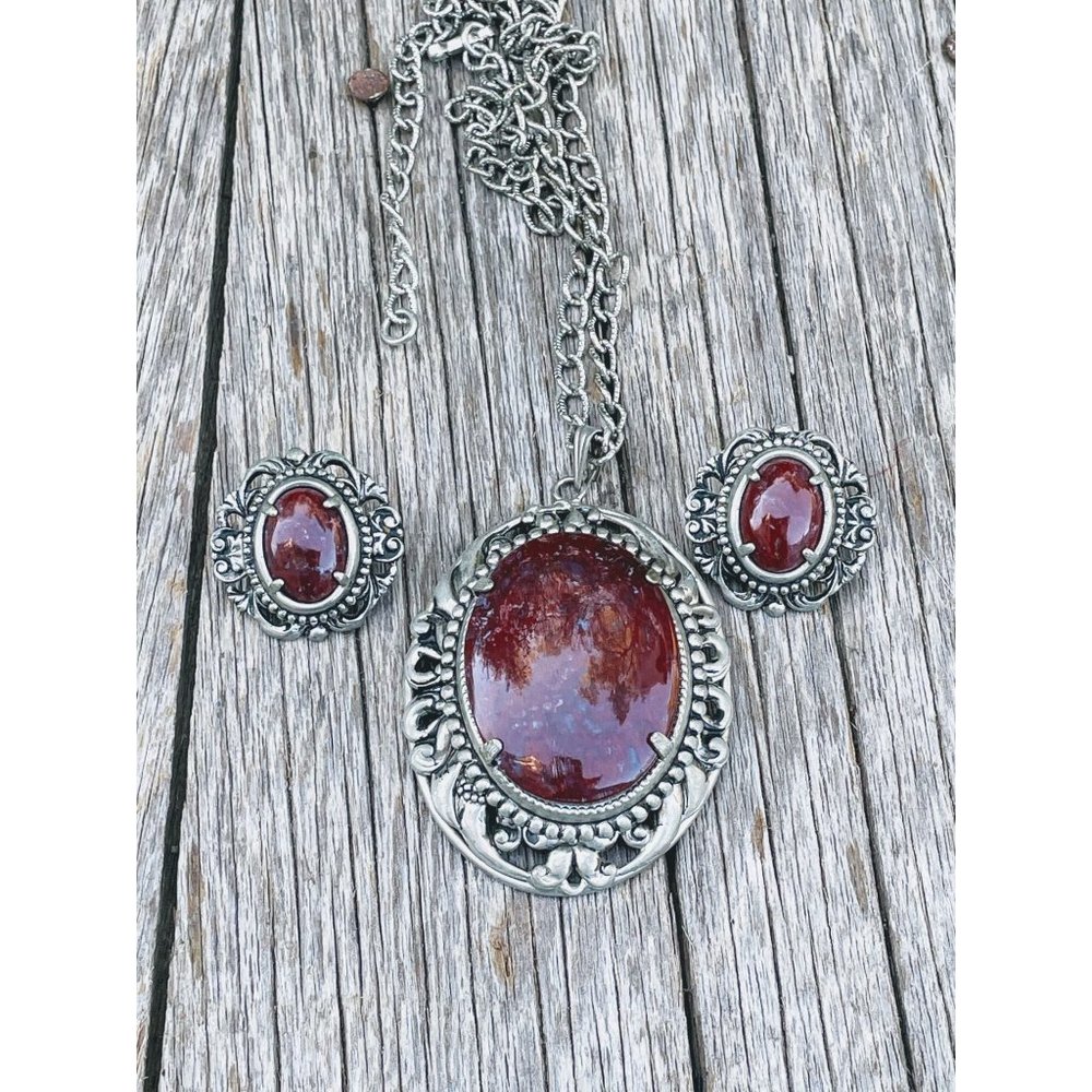 Vintage Large Red Jasper Pendant Necklace earring Set